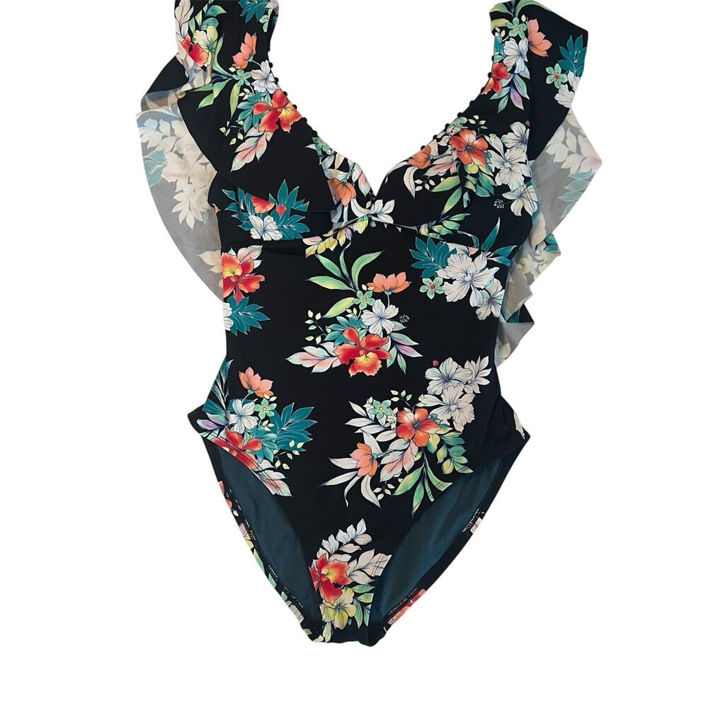 Tommy Bahama Floral Springs V Neck Ruffled One Piece Swimsuit Womens Sz 4 Black